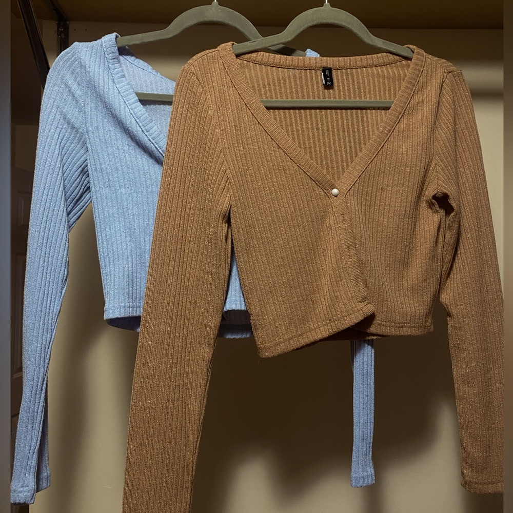 Zaful Camel Brown and Light Blue cropped cardigans with buttons Selling as set.